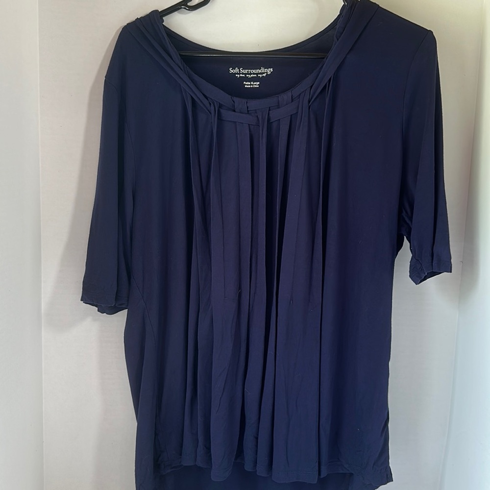 Soft surroundings navy blue pleated short sleeve top size petite extra large